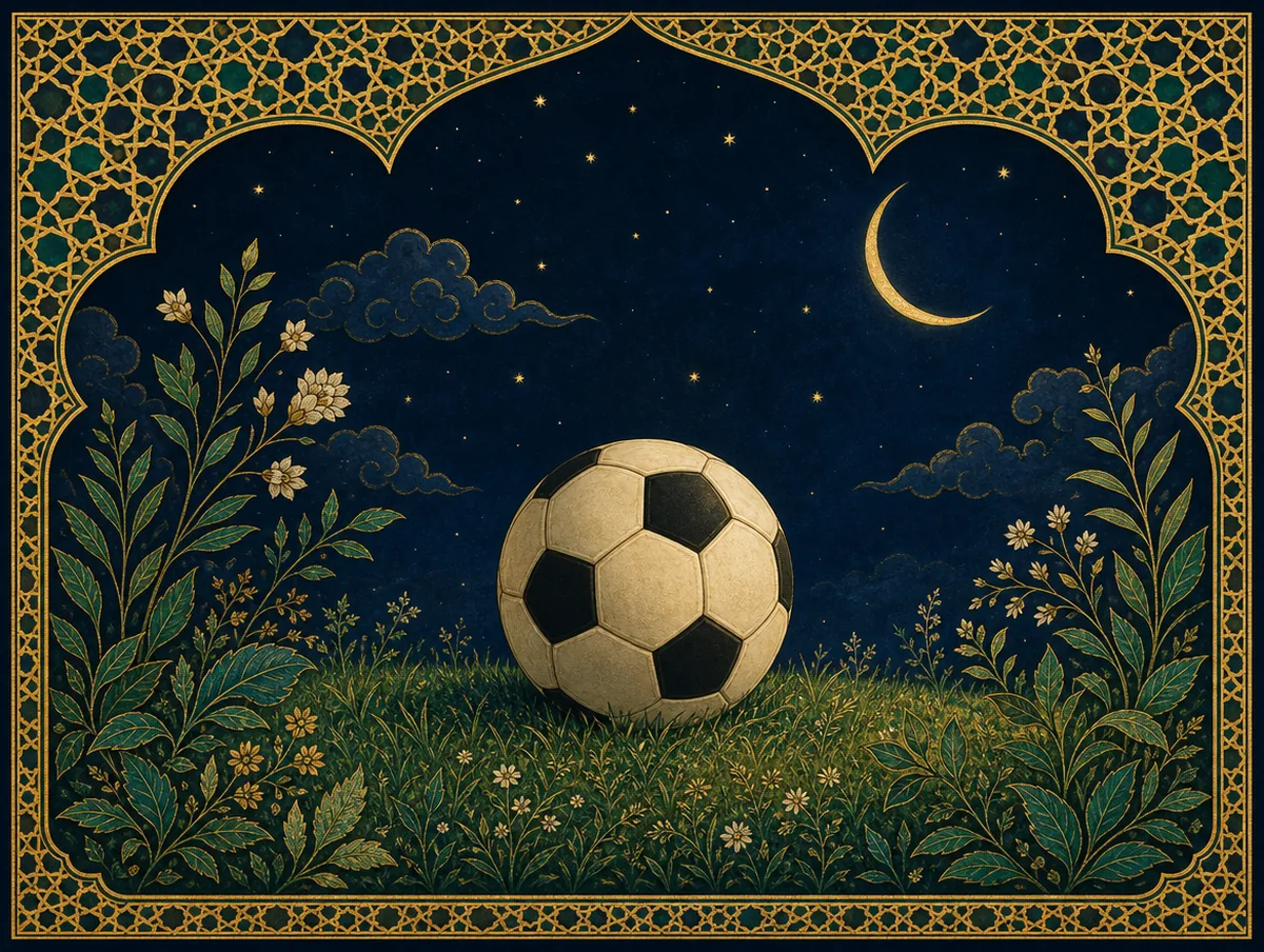 Illustration: Fußball auf dem Rasen unter der Mondsichel
