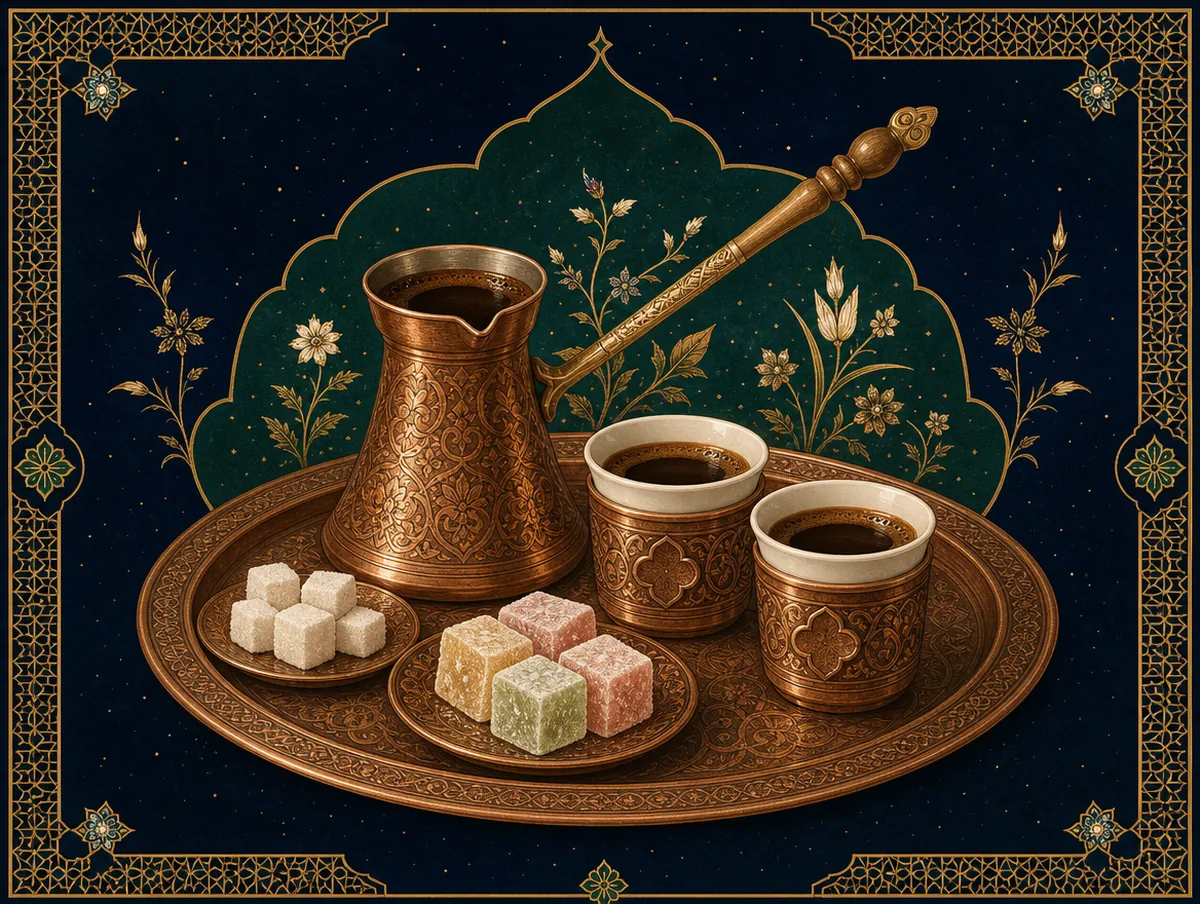 Illustration: bosnischer Kaffee in Džezva und Fildžan-Tassen