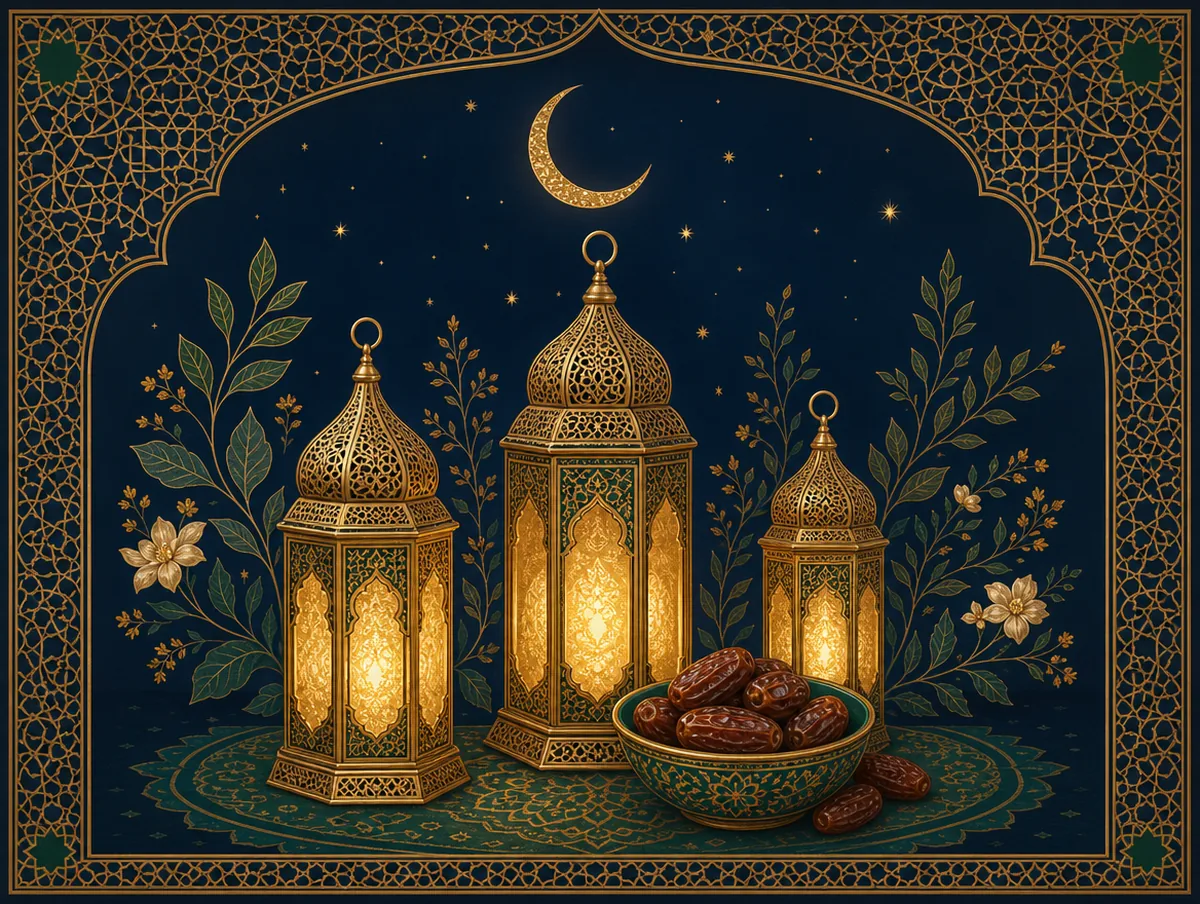 Illustration: Ramadan-Laternen und Mondsichel